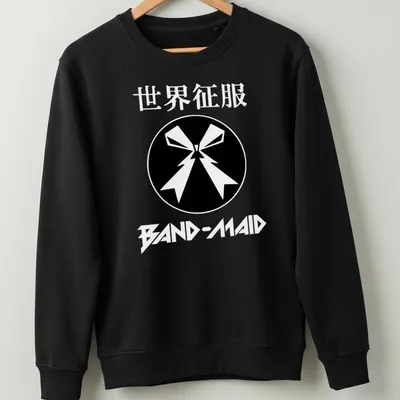 Stylized ribbon and bow graphic with Japanese characters in black and white — printed on a unisex sweatshirt