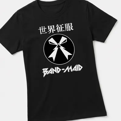 Stylized ribbon and bow graphic with Japanese characters in black and white — printed on a women's shirt