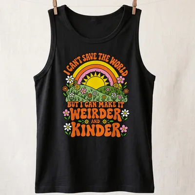 Colorful retro t-shirt featuring sunshine and flowers with a positive saying — printed on a tank top