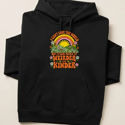 Colorful retro t-shirt featuring sunshine and flowers with a positive saying — printed on a unisex hoodie