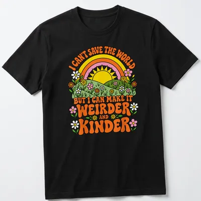 Colorful retro t-shirt featuring sunshine and flowers with a positive saying