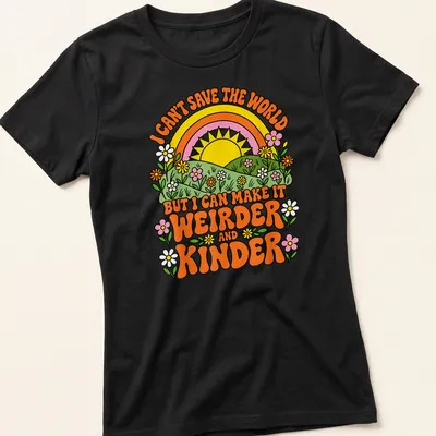 Colorful retro t-shirt featuring sunshine and flowers with a positive saying — printed on a women's shirt