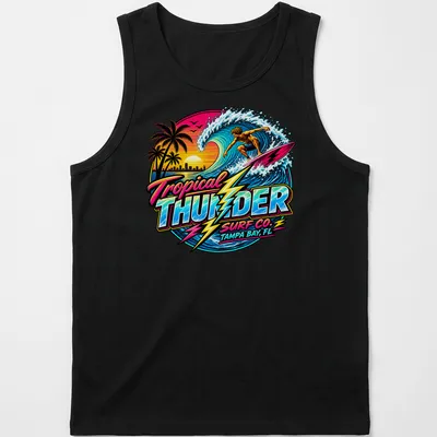 Vibrant retro print of a surfer with Tropical Thunder Surf Co. text — printed on a tank top