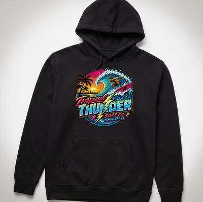 Vibrant retro print of a surfer with Tropical Thunder Surf Co. text — printed on a unisex hoodie