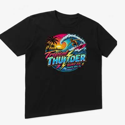 Vibrant retro print of a surfer with Tropical Thunder Surf Co. text — printed on a unisex t-shirt (angled view)
