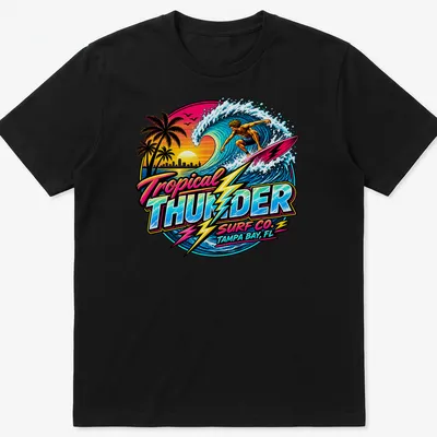 Vibrant retro print of a surfer with Tropical Thunder Surf Co. text