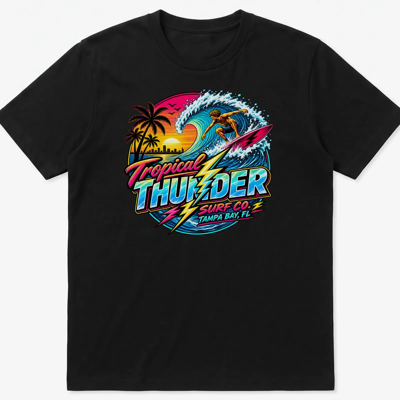 Vibrant retro print of a surfer with Tropical Thunder Surf Co. text — printed on a unisex t-shirt