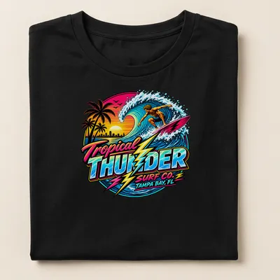 Vibrant retro print of a surfer with Tropical Thunder Surf Co. text — printed on a women's shirt