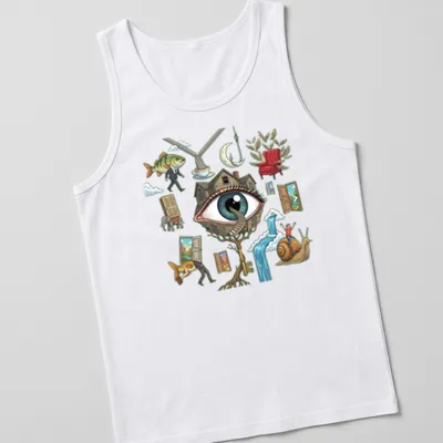 Detailed illustration of a surreal eye surrounded by whimsical elements on a T-shirt. — printed on a tank top