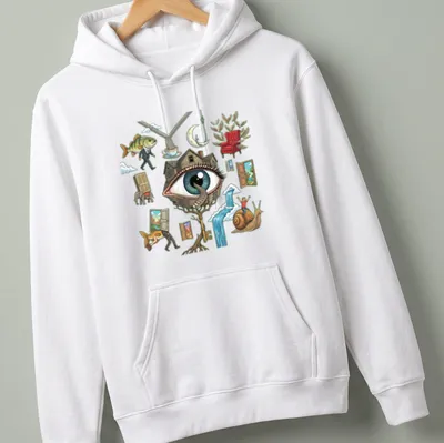 Detailed illustration of a surreal eye surrounded by whimsical elements on a T-shirt. — printed on a unisex hoodie