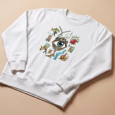 Detailed illustration of a surreal eye surrounded by whimsical elements on a T-shirt. — printed on a unisex sweatshirt