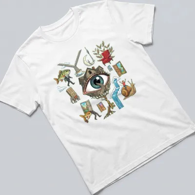 Detailed illustration of a surreal eye surrounded by whimsical elements on a T-shirt.