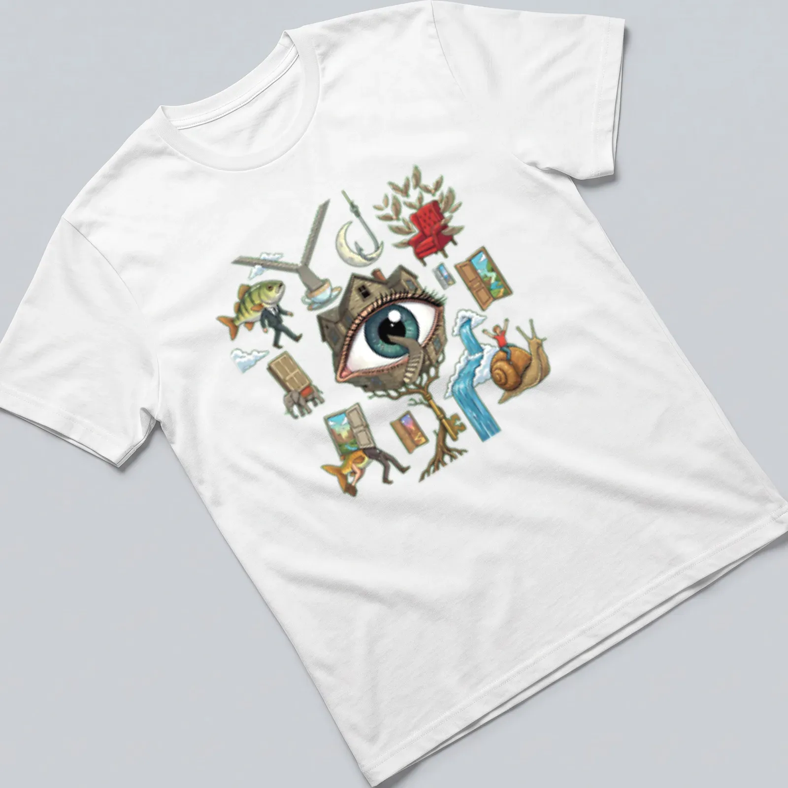 Detailed illustration of a surreal eye surrounded by whimsical elements on a T-shirt. — printed on a unisex t-shirt