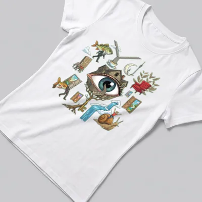 Detailed illustration of a surreal eye surrounded by whimsical elements on a T-shirt. — printed on a women's shirt