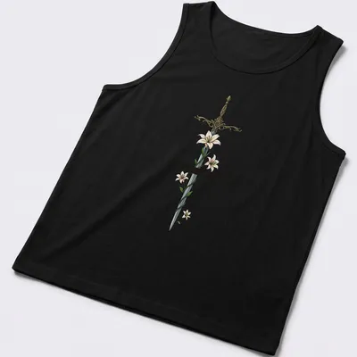 Illustrated sword with flowers and the phrase 'You do not yield.' in silver and gold tones. — printed on a tank top