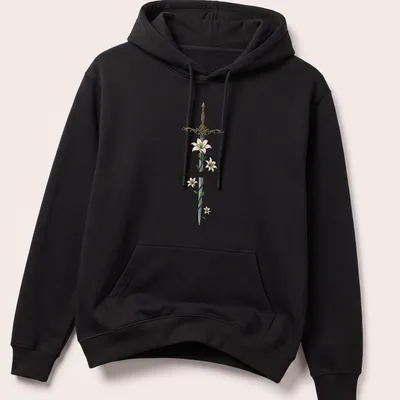 Illustrated sword with flowers and the phrase 'You do not yield.' in silver and gold tones. — printed on a unisex hoodie