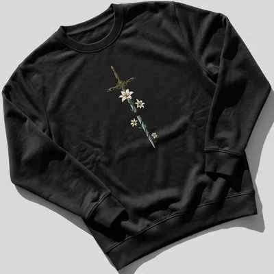 Illustrated sword with flowers and the phrase 'You do not yield.' in silver and gold tones. — printed on a unisex sweatshirt
