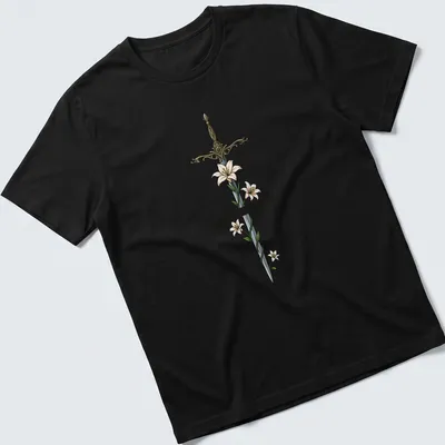Illustrated sword with flowers and the phrase 'You do not yield.' in silver and gold tones.