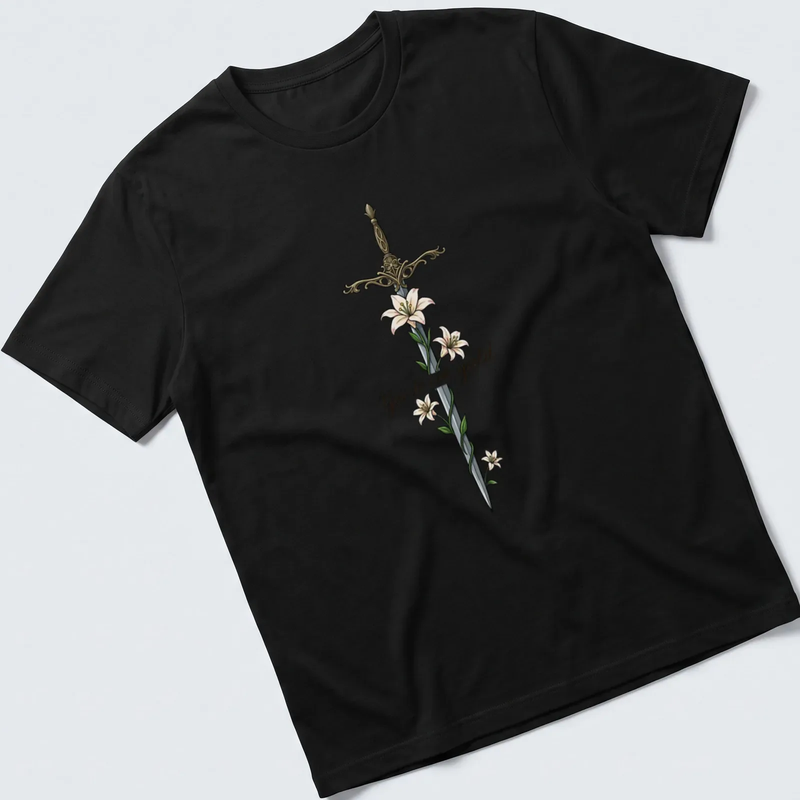 Illustrated sword with flowers and the phrase 'You do not yield.' in silver and gold tones. — printed on a unisex t-shirt