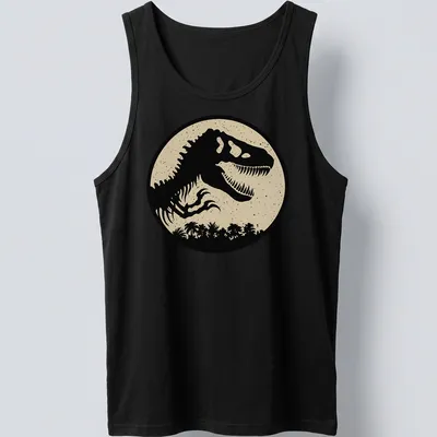 Vintage distressed T-Rex silhouette with Jurassic Dust Logo graphic — printed on a tank top
