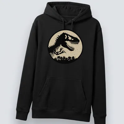 Vintage distressed T-Rex silhouette with Jurassic Dust Logo graphic — printed on a unisex hoodie