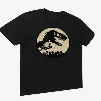 Vintage distressed T-Rex silhouette with Jurassic Dust Logo graphic — printed on a unisex t-shirt (angled view)