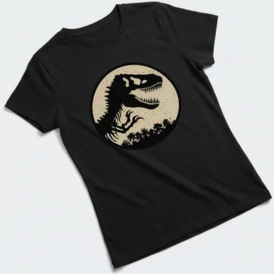 Vintage distressed T-Rex silhouette with Jurassic Dust Logo graphic — printed on a women's shirt
