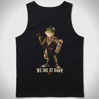 Vintage tattoo style t-shirt featuring a frog with the text We Ink At Dawn. — printed on a tank top