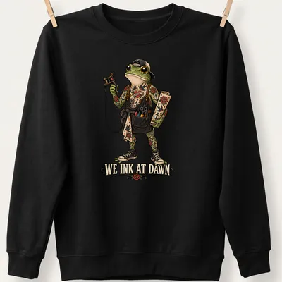 Vintage tattoo style t-shirt featuring a frog with the text We Ink At Dawn. — printed on a unisex sweatshirt