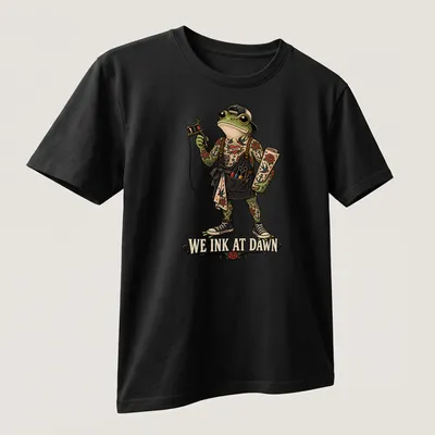 Vintage tattoo style t-shirt featuring a frog with the text We Ink At Dawn. — printed on a unisex t-shirt (angled view)