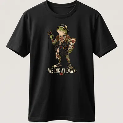 Vintage tattoo style t-shirt featuring a frog with the text We Ink At Dawn.
