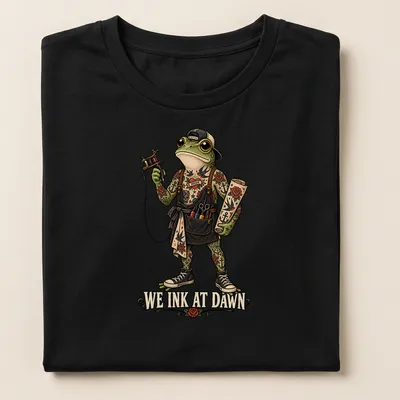 Vintage tattoo style t-shirt featuring a frog with the text We Ink At Dawn. — printed on a women's shirt