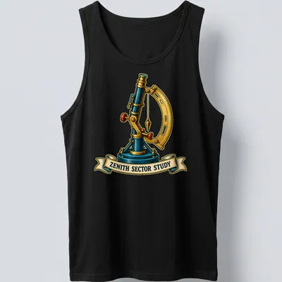 Vintage illustration of a telescope with 'ZENITH SECTOR STUDY' text in blue and gold — printed on a tank top