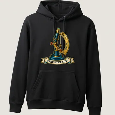 Vintage illustration of a telescope with 'ZENITH SECTOR STUDY' text in blue and gold — printed on a unisex hoodie