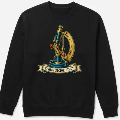 Vintage illustration of a telescope with 'ZENITH SECTOR STUDY' text in blue and gold — printed on a unisex sweatshirt