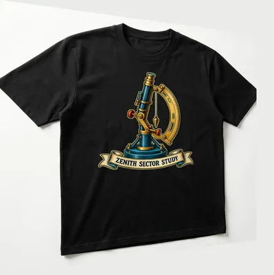 Vintage illustration of a telescope with 'ZENITH SECTOR STUDY' text in blue and gold — printed on a unisex t-shirt (angled view)
