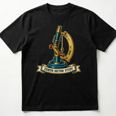 Vintage illustration of a telescope with 'ZENITH SECTOR STUDY' text in blue and gold