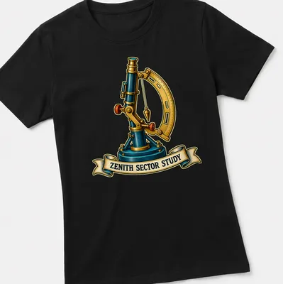 Vintage illustration of a telescope with 'ZENITH SECTOR STUDY' text in blue and gold — printed on a women's shirt