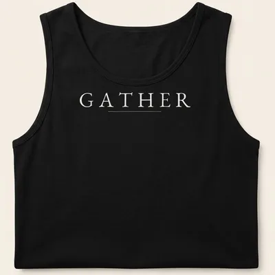 Minimalist Thanksgiving t-shirt with the word GATHER in white typography — printed on a tank top