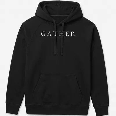 Minimalist Thanksgiving t-shirt with the word GATHER in white typography — printed on a unisex hoodie