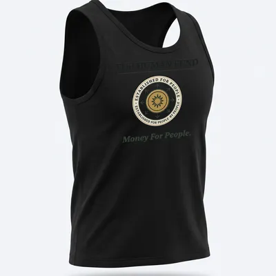 Emblem design with humorous text about the Human Fund in gold and green — printed on a tank top