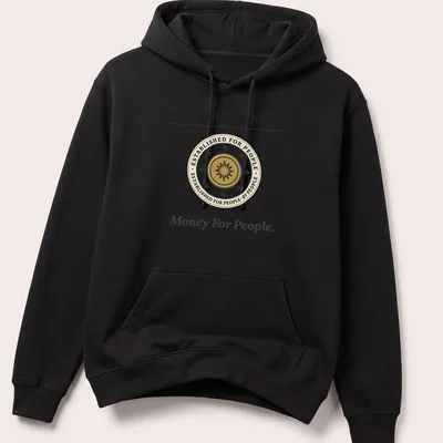 Emblem design with humorous text about the Human Fund in gold and green — printed on a unisex hoodie