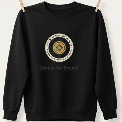 Emblem design with humorous text about the Human Fund in gold and green — printed on a unisex sweatshirt