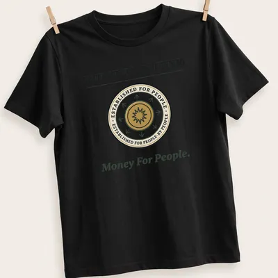 Emblem design with humorous text about the Human Fund in gold and green — printed on a unisex t-shirt