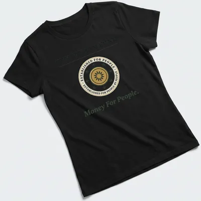 Emblem design with humorous text about the Human Fund in gold and green — printed on a women's shirt