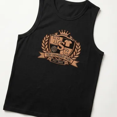 Vintage crest emblem tea club t-shirt featuring shield design in bronze and black — printed on a tank top
