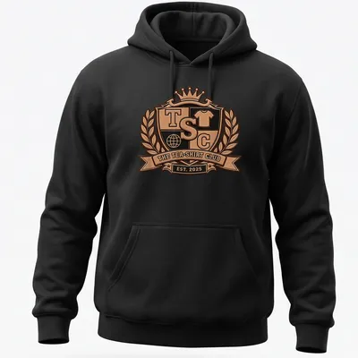 Vintage crest emblem tea club t-shirt featuring shield design in bronze and black — printed on a unisex hoodie