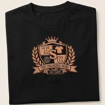 Vintage crest emblem tea club t-shirt featuring shield design in bronze and black