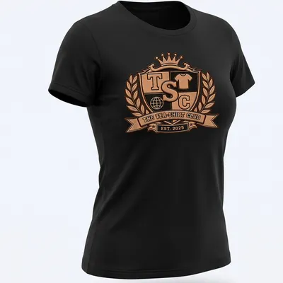 Vintage crest emblem tea club t-shirt featuring shield design in bronze and black — printed on a women's shirt