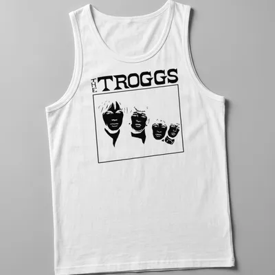 Silhouette of The Troggs band members with bold text in black and white — printed on a tank top